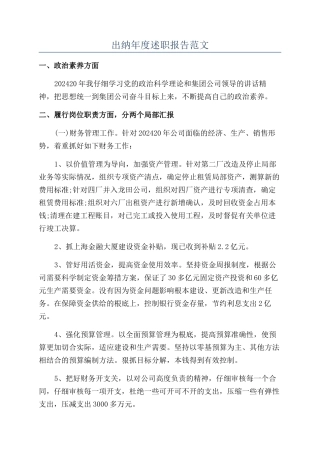 出纳年度述职报告范文