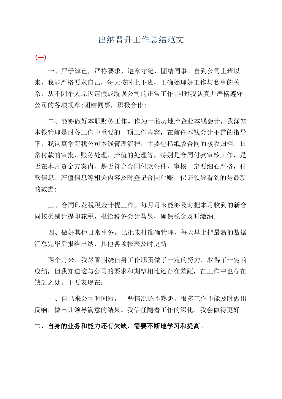 出纳晋升工作总结范文_第1页