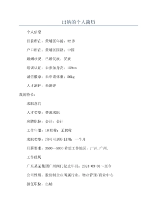 出纳的个人简历