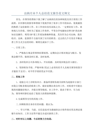 出纳月末个人总结范文报告范文例文