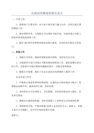 出纳试用期述职报告范文