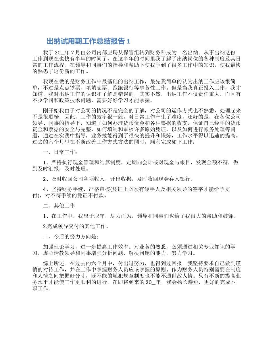 出纳试用期工作总结报告五篇2024_第1页