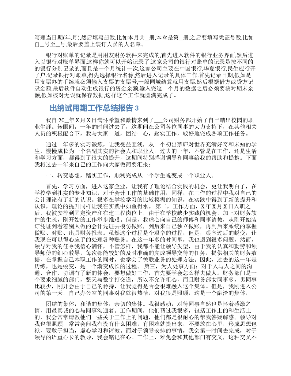 出纳试用期工作总结报告五篇2024_第3页