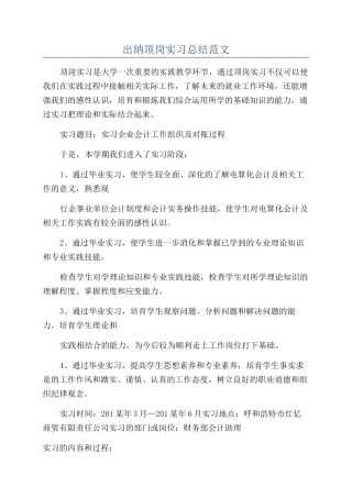出纳顶岗实习总结范文
