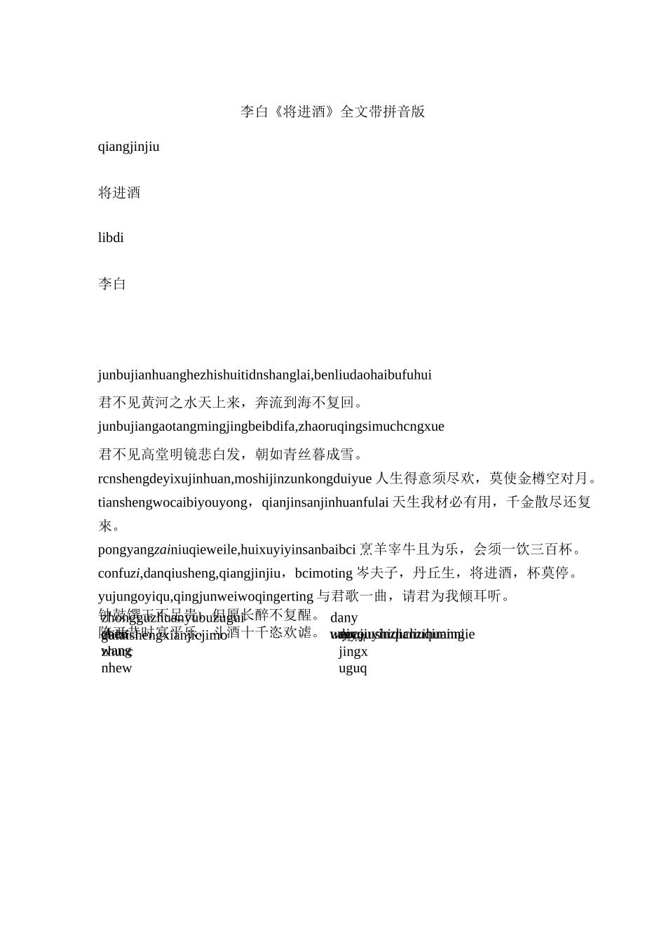 李白《将进酒》全文带拼音版_第1页