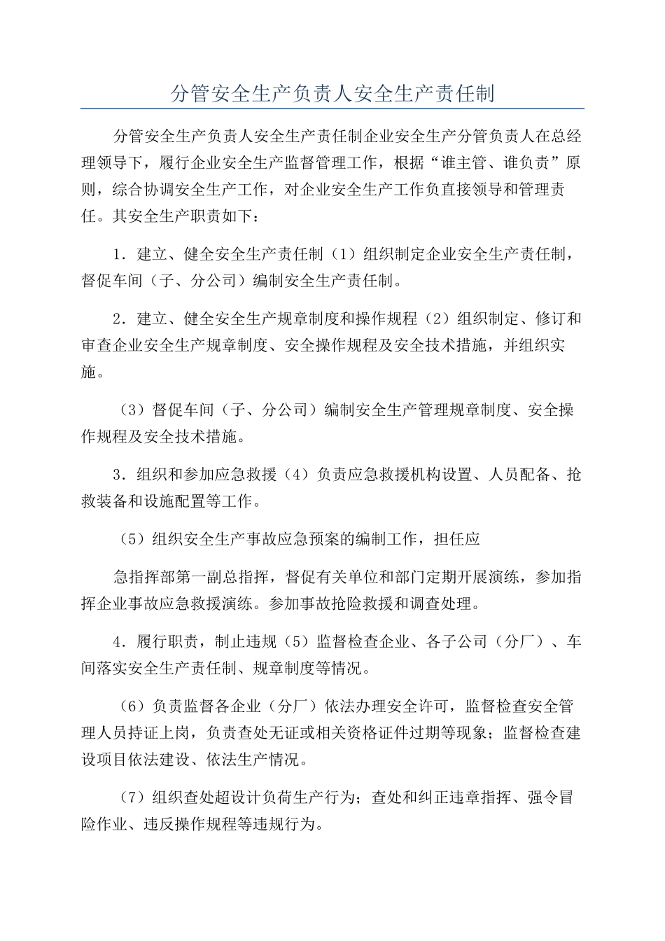 分管安全生产负责人安全生产责任制_第1页
