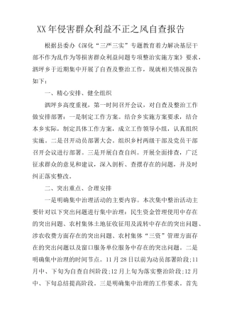 XX年侵害群众利益不正之风自查报告