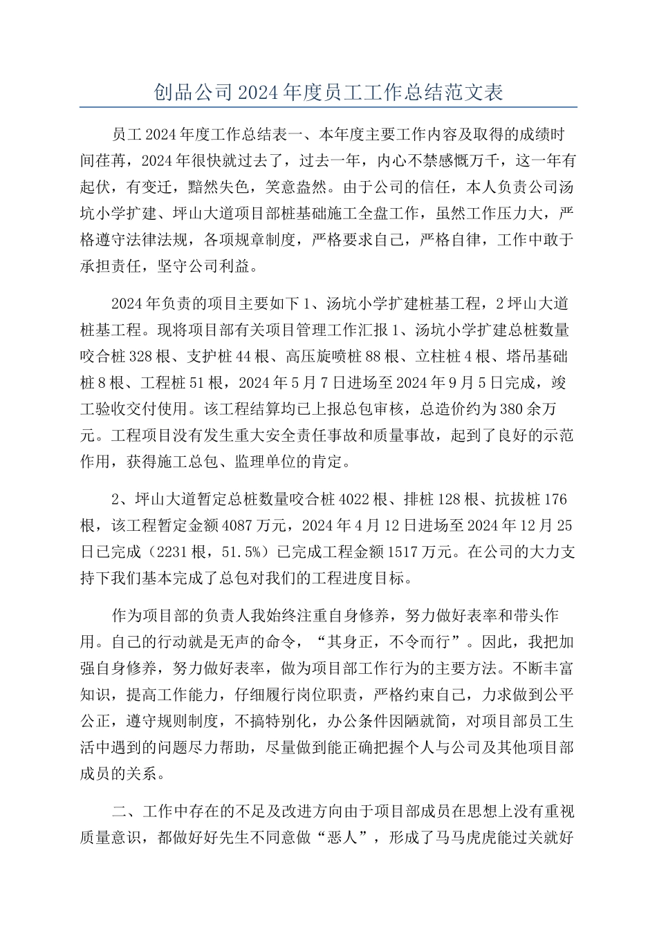 创品公司2024年度员工工作总结范文表_第1页