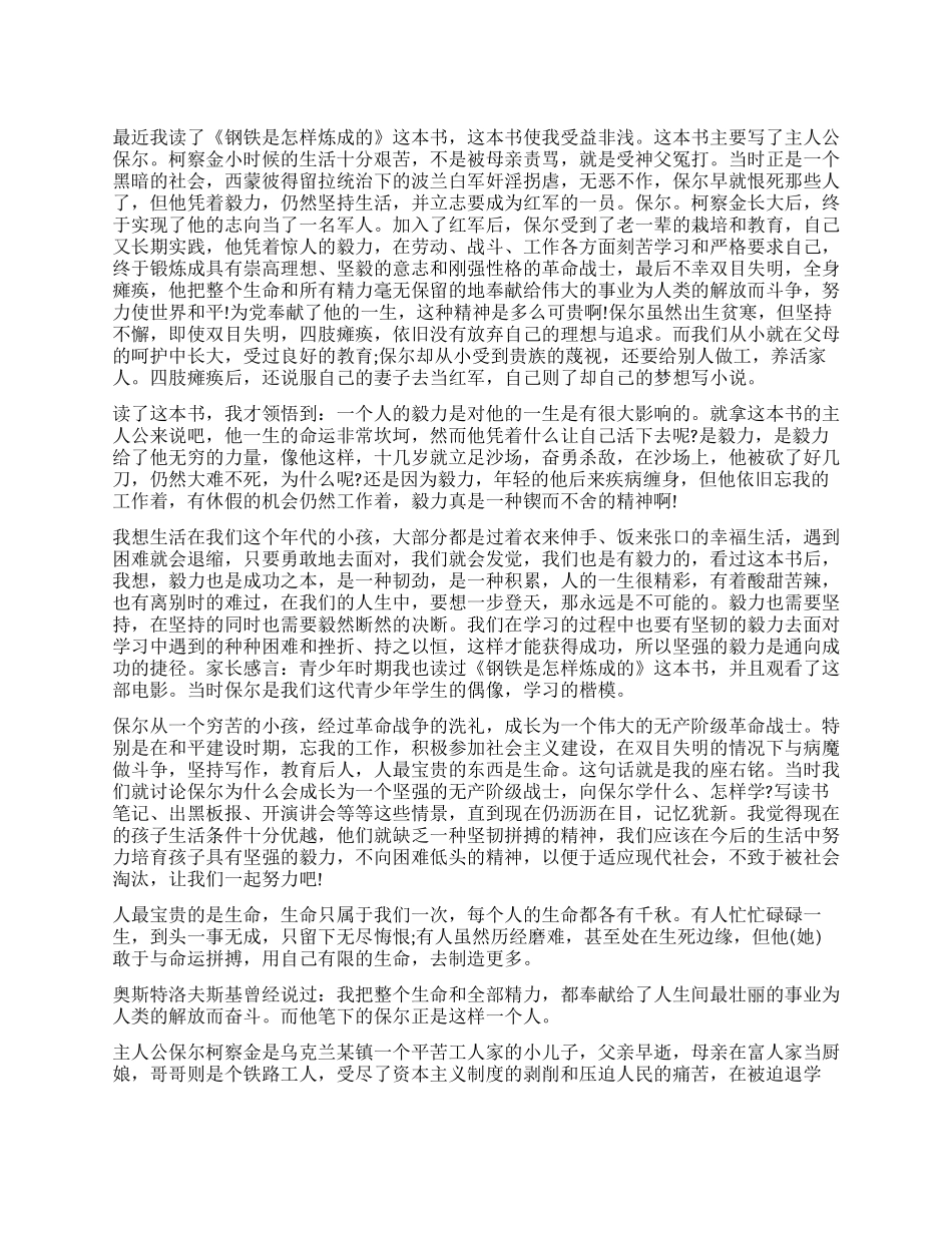 初二学生钢铁是怎样炼成的读后感800字_第1页