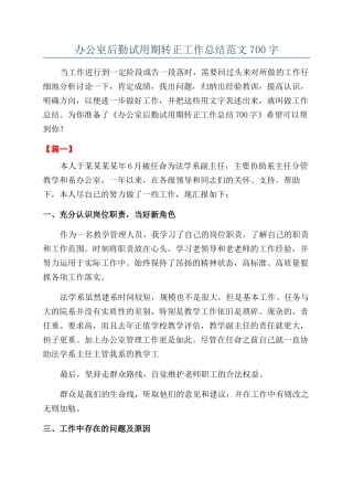 办公室后勤试用期转正工作总结范文700字