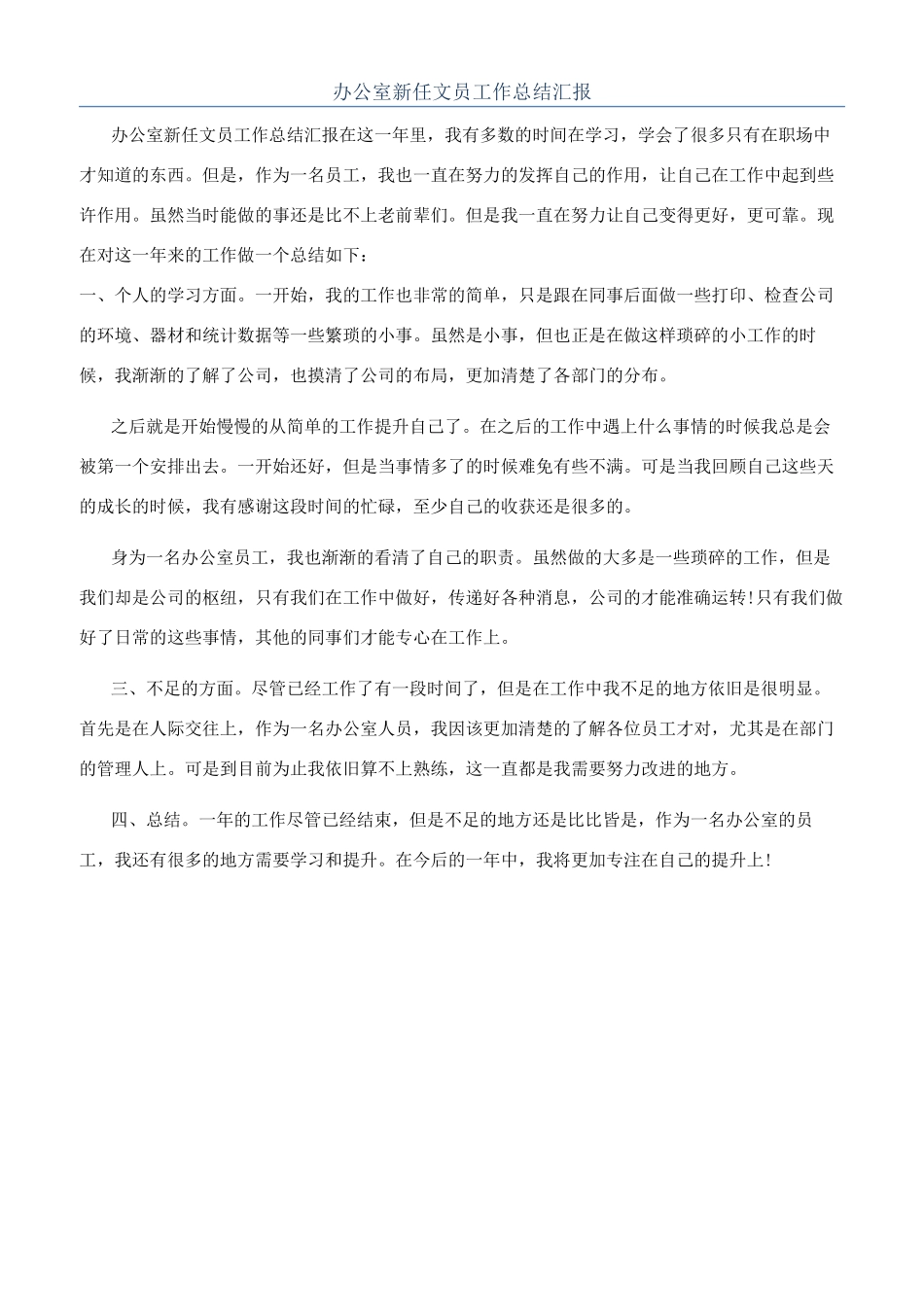 办公室新任文员工作总结汇报_第1页
