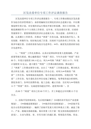 区发改委单位专项工作评议调查报告