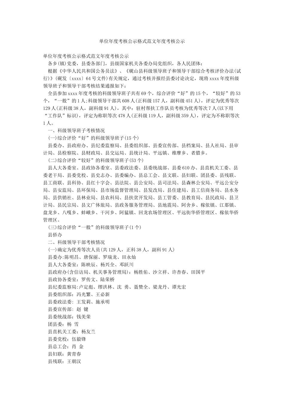 单位年度考核公示格式范文年度考核公示_第1页