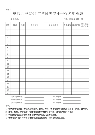 单县五中特长生报名表