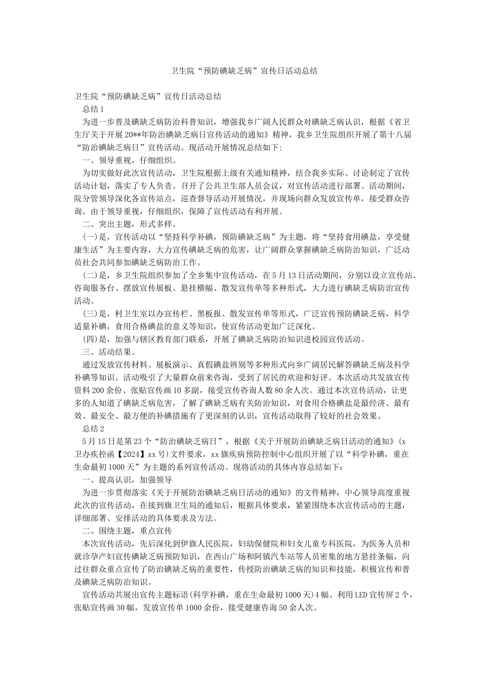 卫生院“预防碘缺乏病”宣传日活动总结_第1页