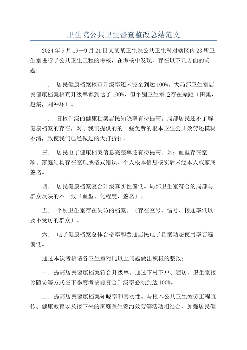 卫生院公共卫生督查整改总结范文_第1页