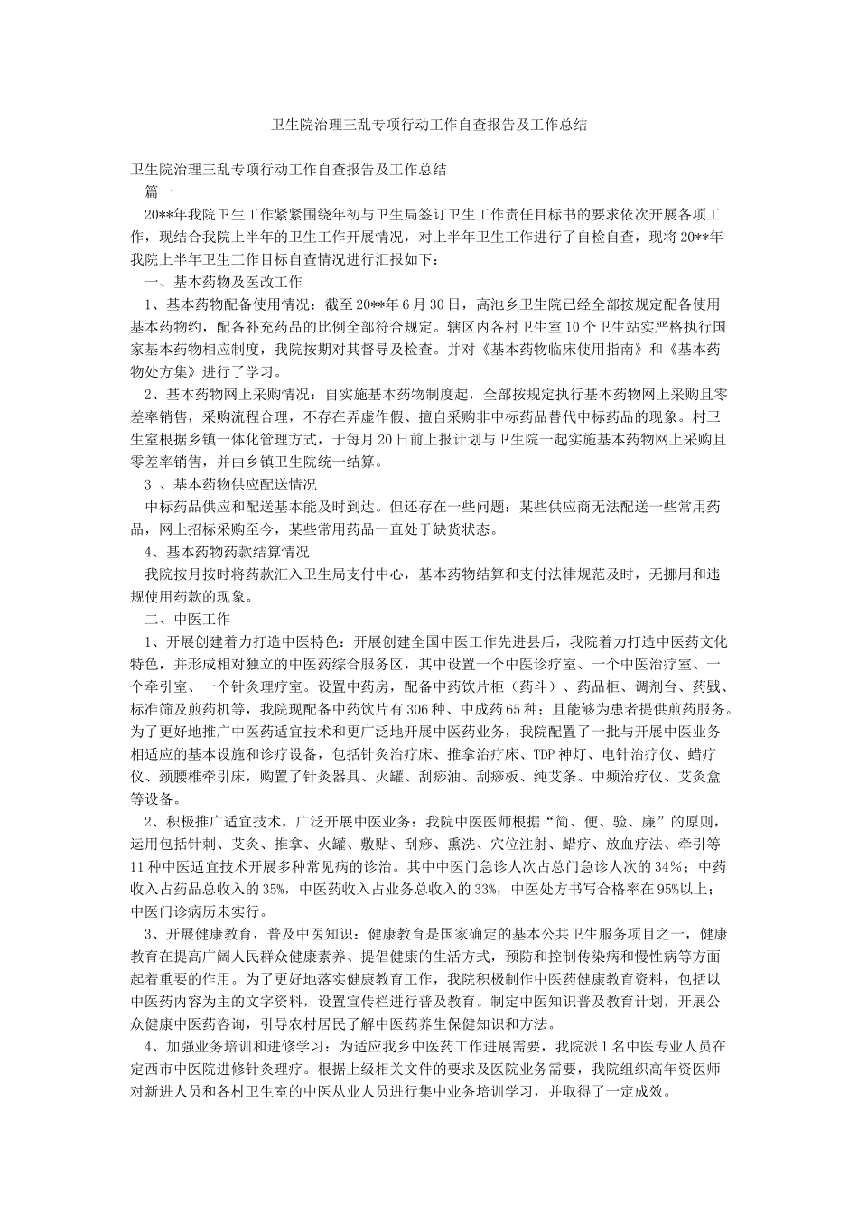 卫生院治理三乱专项行动工作自查报告及工作总结_第1页