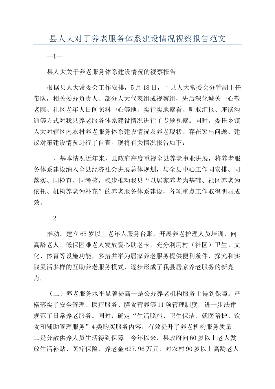 县人大对于养老服务体系建设情况视察报告范文_第1页