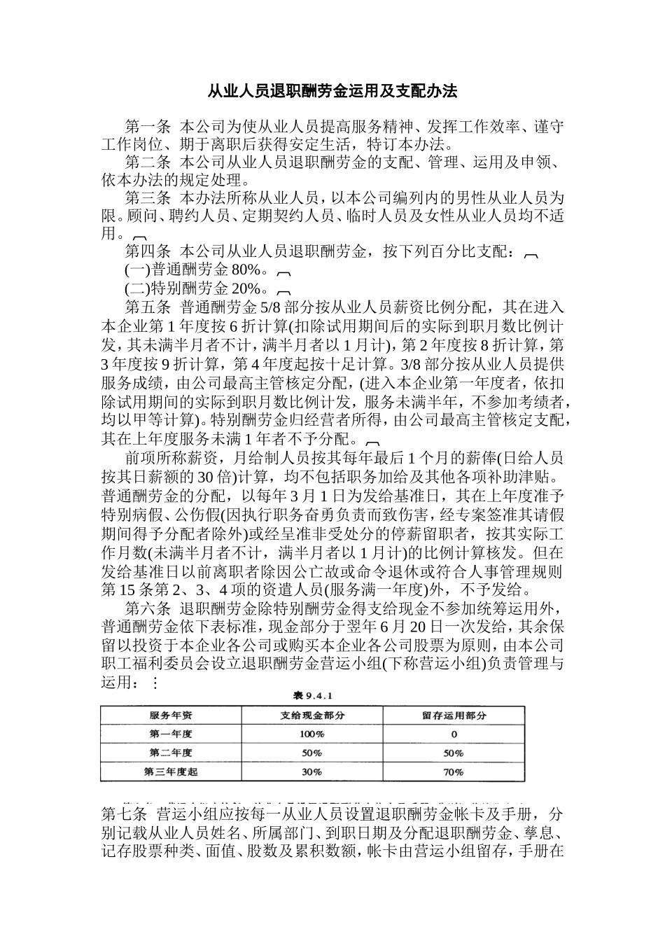 从业人员退职酬劳金运用及支配办法_第1页