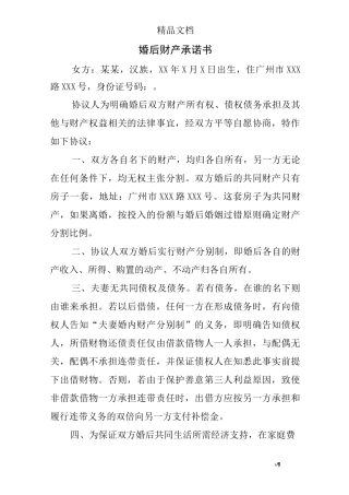婚后财产承诺书