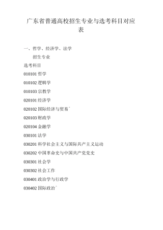 广东省普通高校招生专业与选考科目对应表