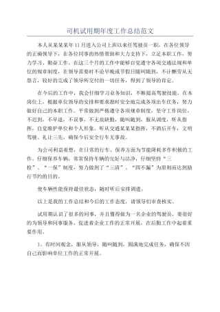 司机试用期年度工作总结范文