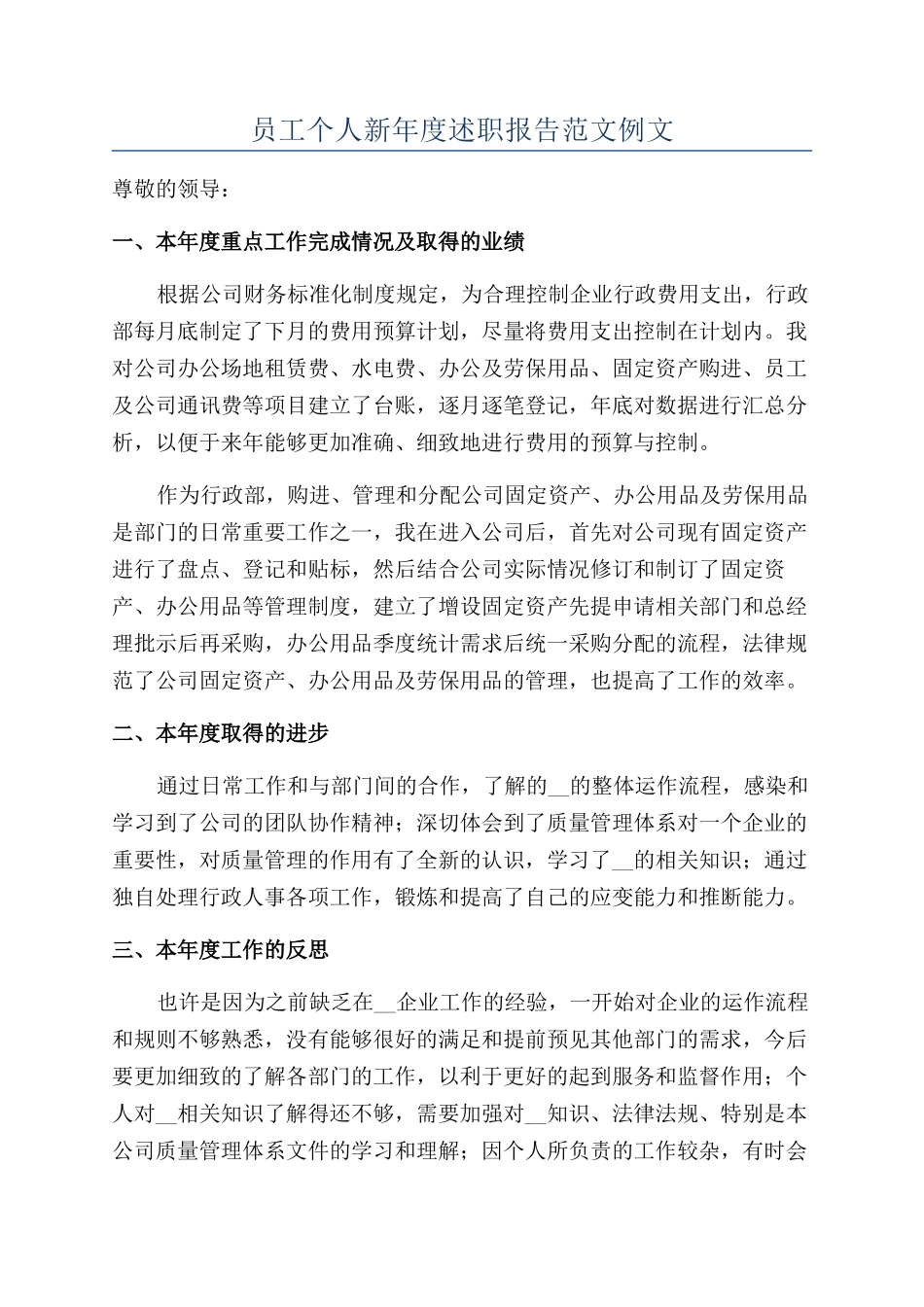 员工个人新年度述职报告范文例文_第1页