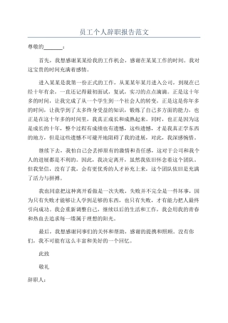 员工个人辞职报告范文