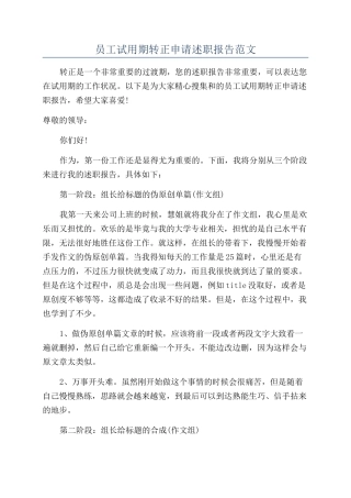 员工试用期转正申请述职报告范文