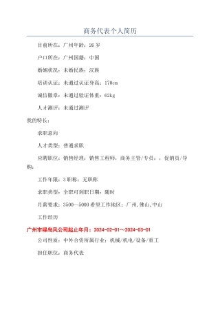 商务代表个人简历