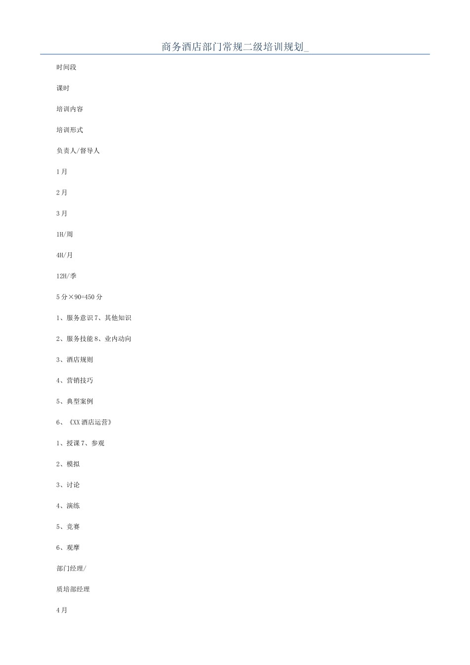 商务酒店部门常规二级培训规划-_第1页