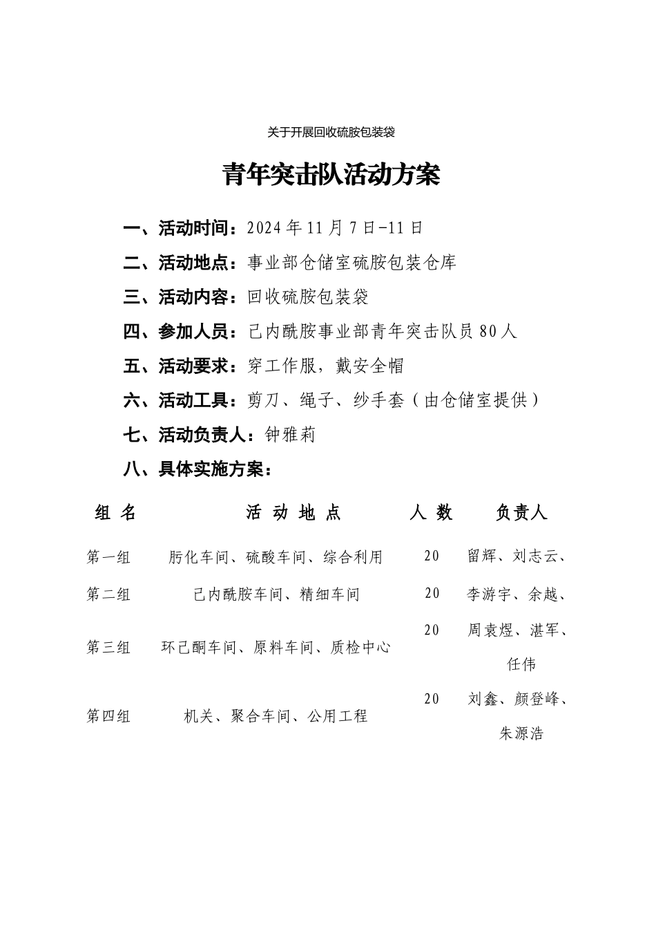 回收硫胺车间包装袋青年突击队活动方案_第1页