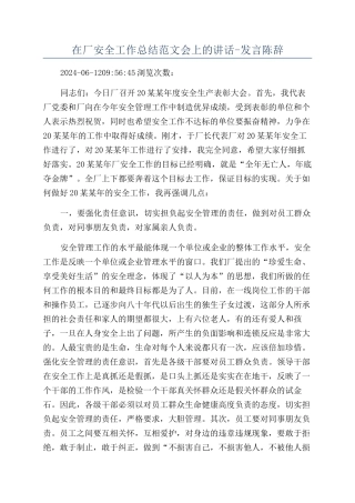 在厂安全工作总结范文会上的讲话-发言陈辞