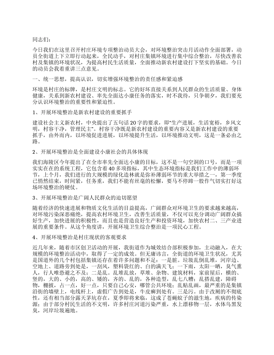 在街道村庄环境专项整治动员大会上的讲话_第1页