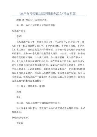 地产公司营销总监辞职报告范文