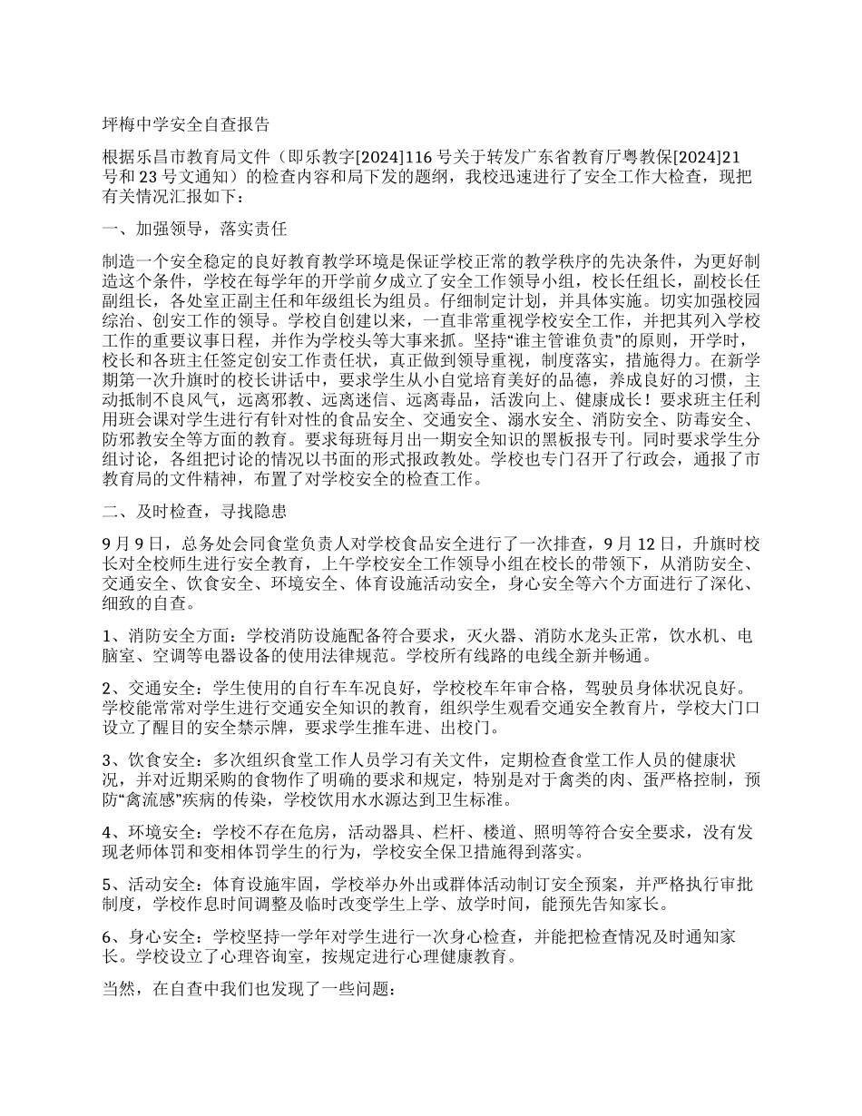 坪梅中学安全自查报告_第1页