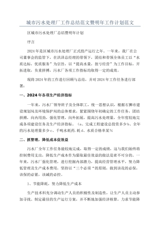 城市污水处理厂工作总结范文暨明年工作计划范文
