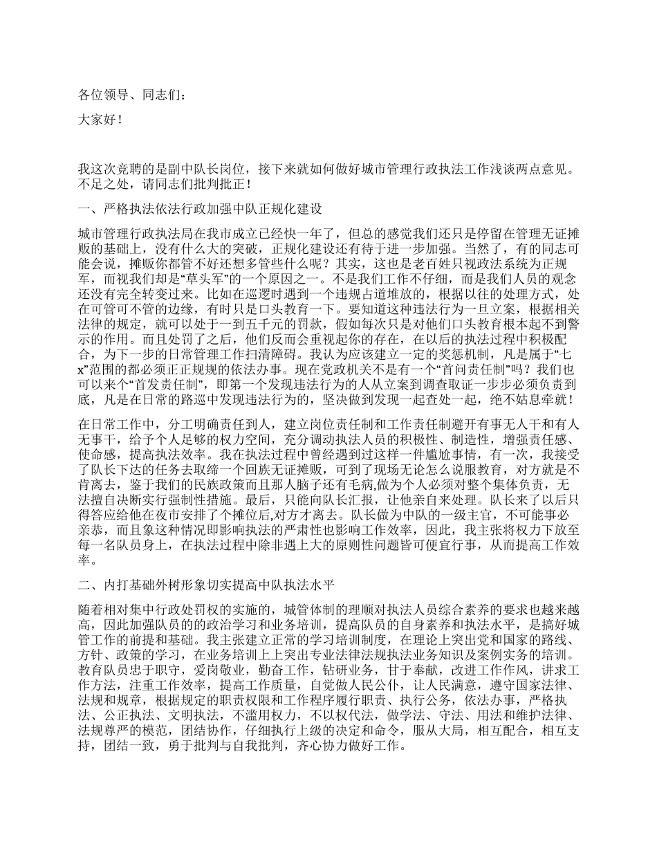 城管副中队长岗位竞聘演讲稿_第1页