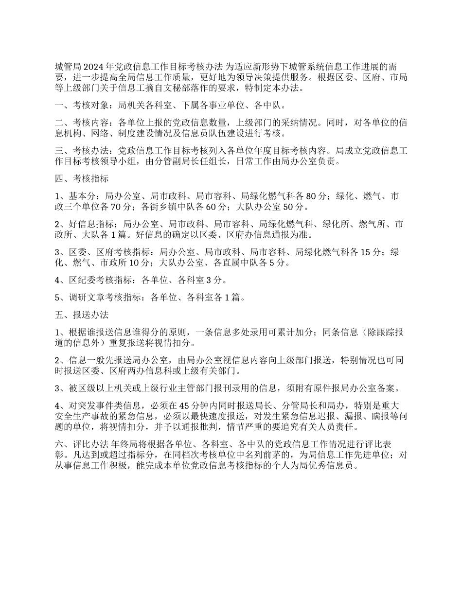 城管局2024年党政信息工作目标考核办法_第1页