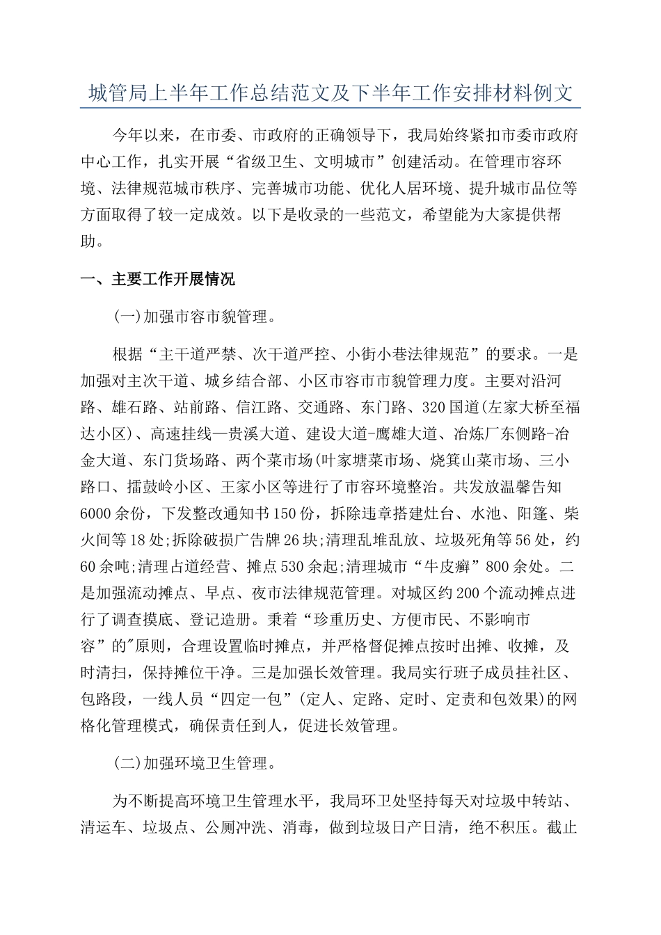 城管局上半年工作总结范文及下半年工作安排材料例文_第1页