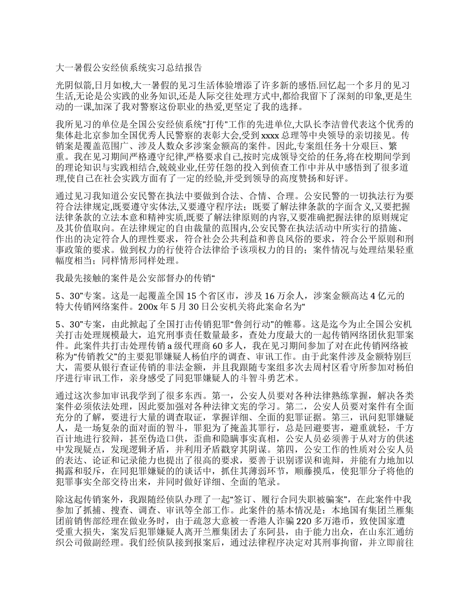 大一暑假公安经侦系统实习总结报告_第1页