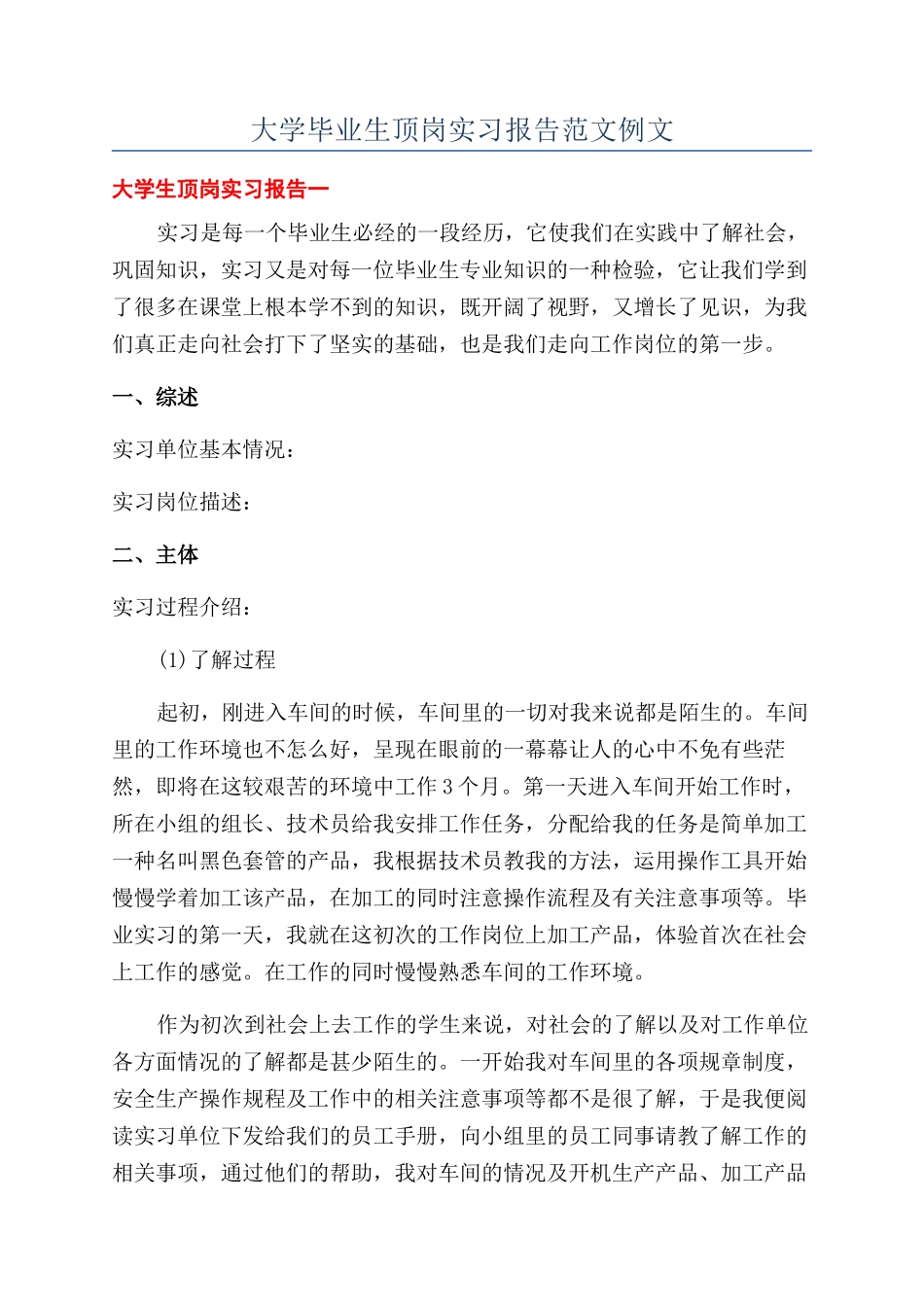 大学毕业生顶岗实习报告范文例文_第1页