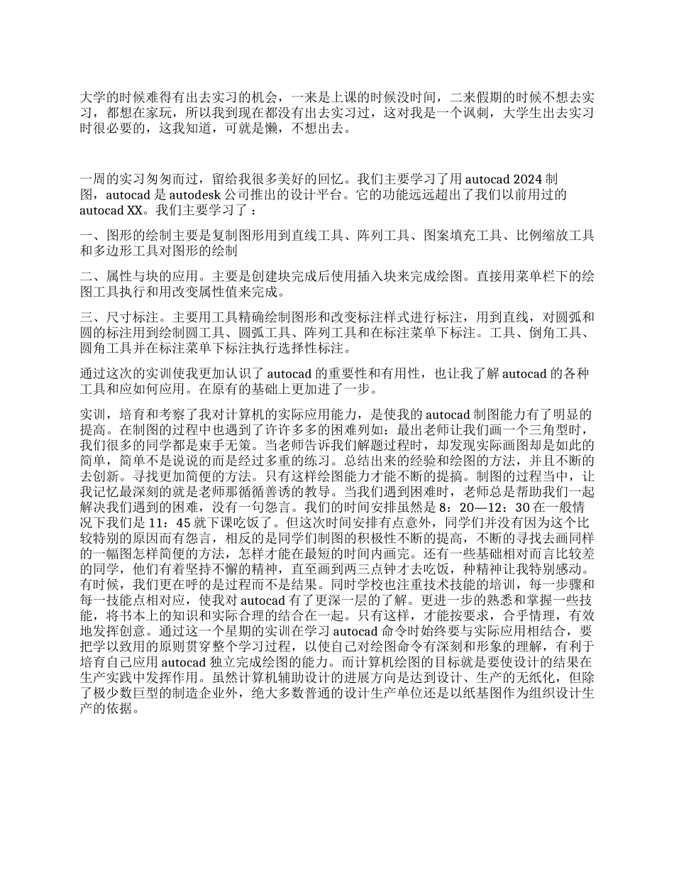 大学生AutoCAD软件实习报告范文_第1页