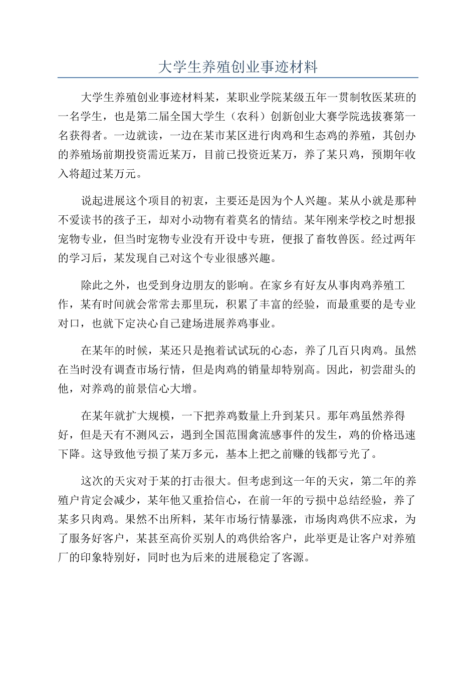 大学生养殖创业事迹材料_第1页