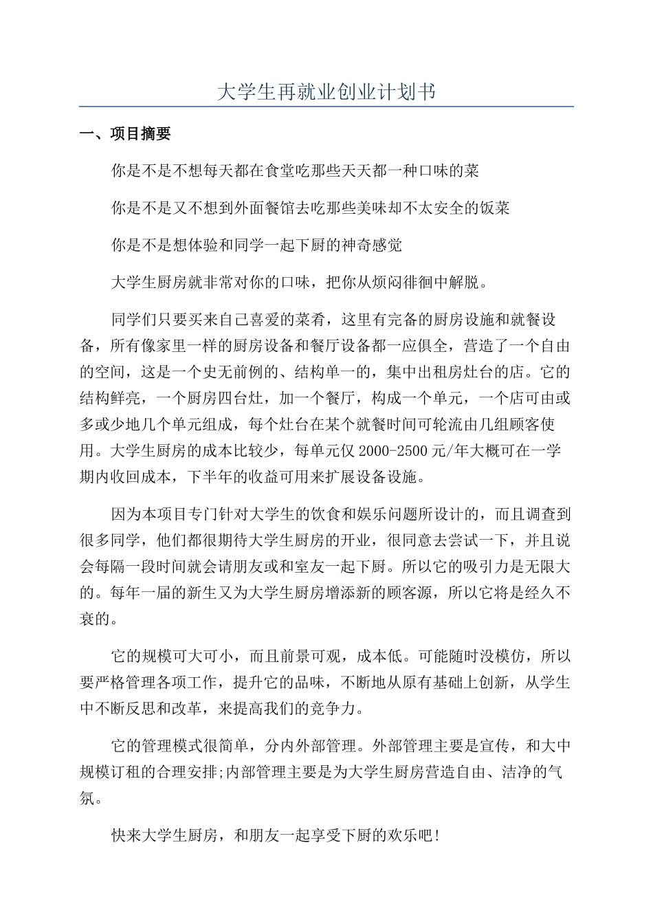 大学生再就业创业计划书_第1页