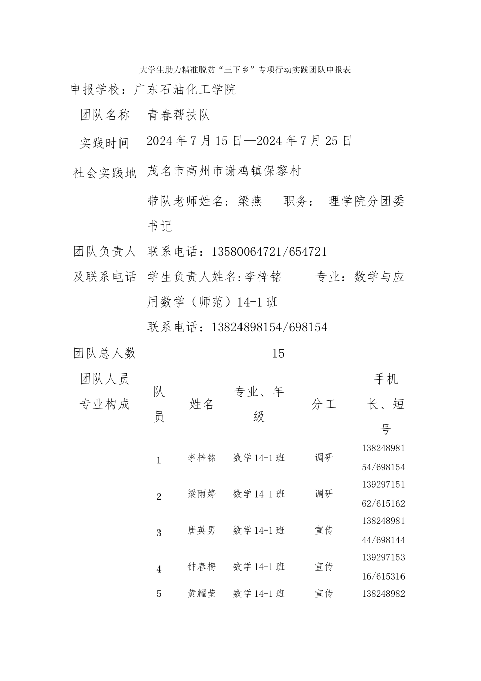 大学生助力精准脱贫“三下乡”专项行动实践团队申报表_第1页