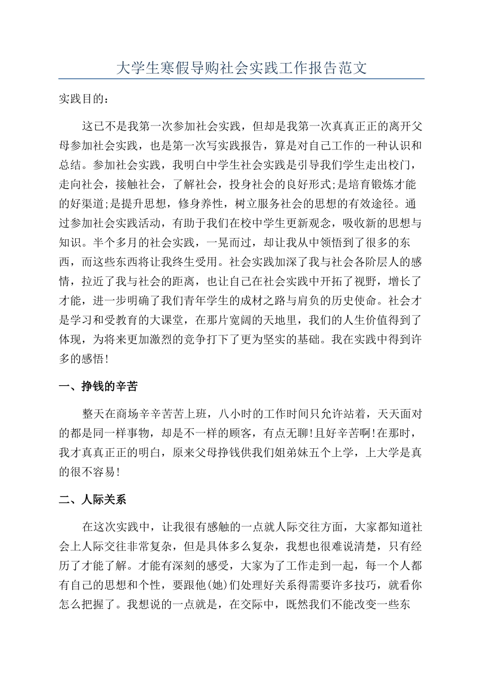 大学生寒假导购社会实践工作报告范文_第1页