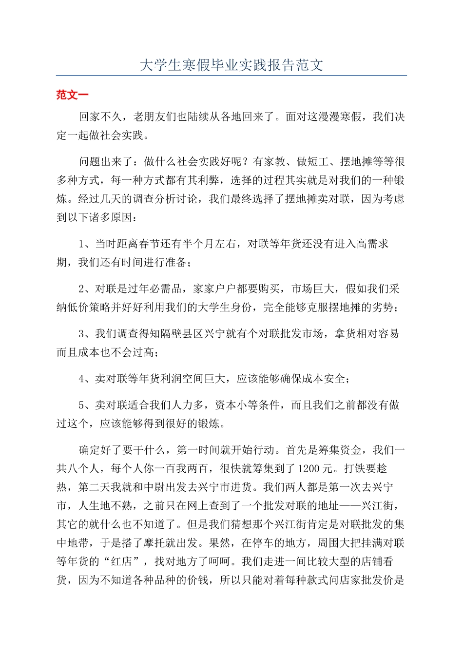 大学生寒假毕业实践报告范文_第1页