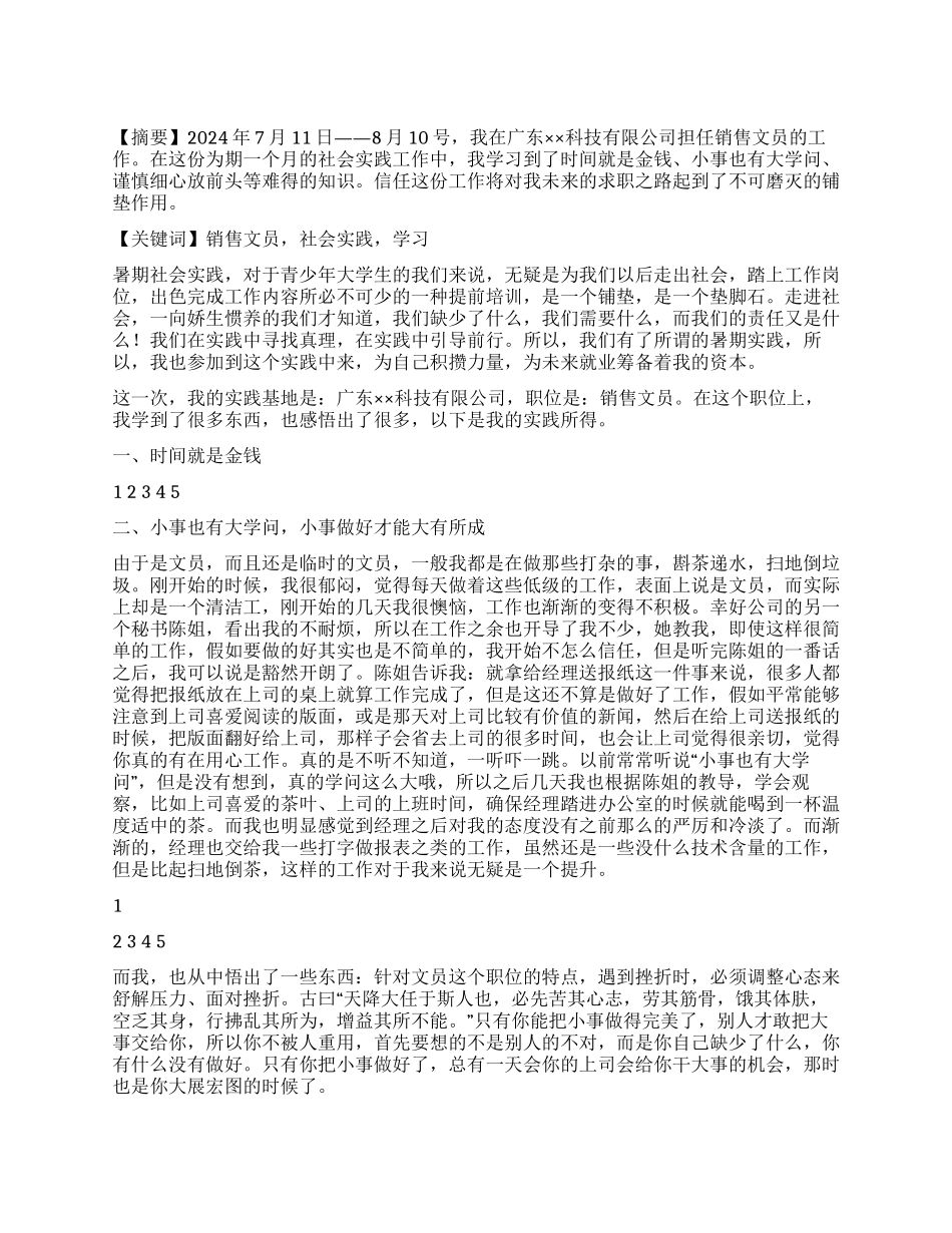 大学生暑期任职销售文员社会实践报告_第1页
