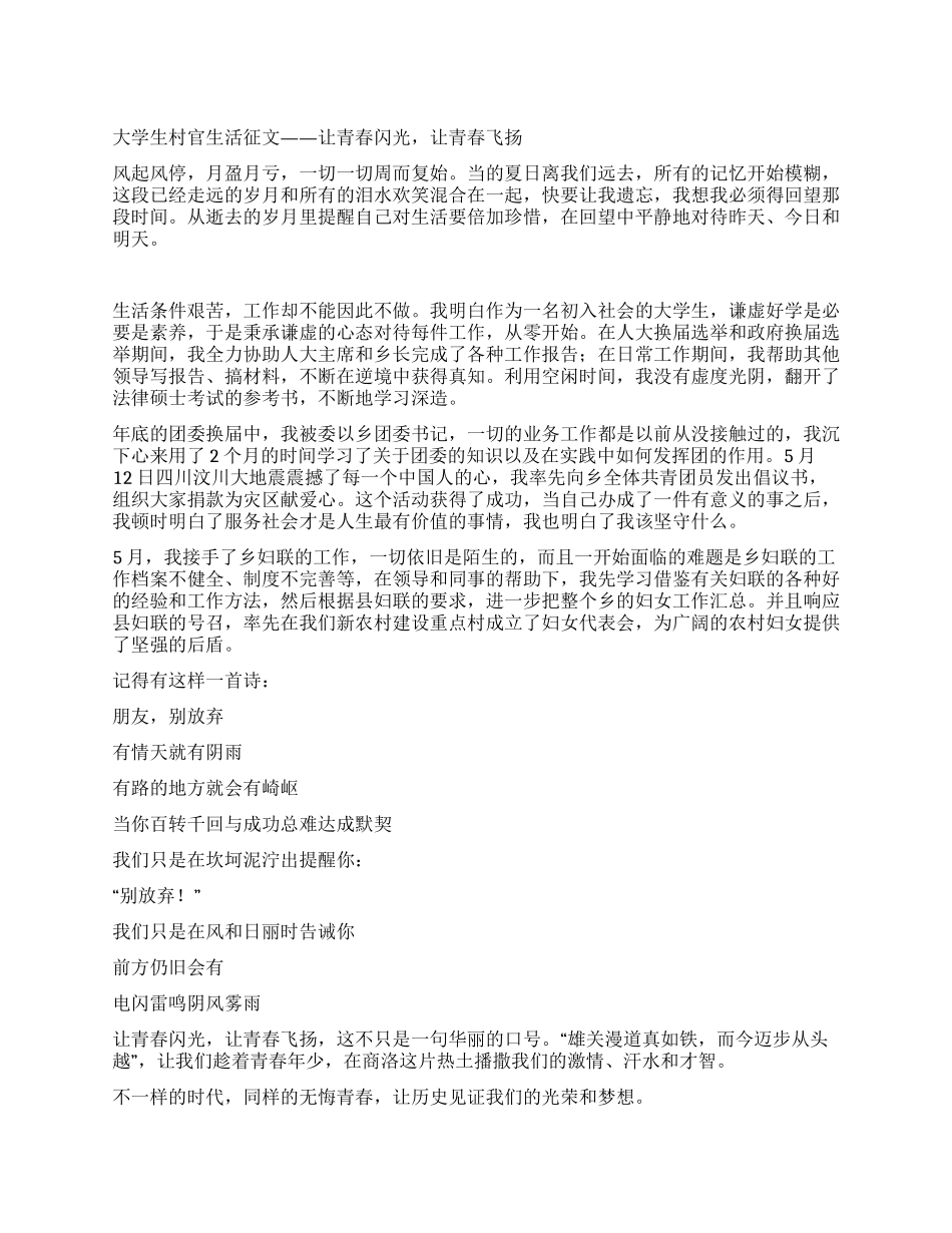 大学生村官生活征文——让青春闪光让青春飞扬_第1页